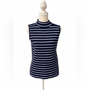 Talbots Navy Striped Mock Neck Top Size M Sleeveless Ribbed Button Shoulder
